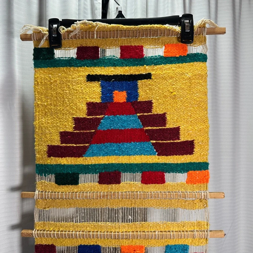 VTG Peruvian Handwoven Wool Wall Hanging Textile Art Pyramid Indigenous 48x15